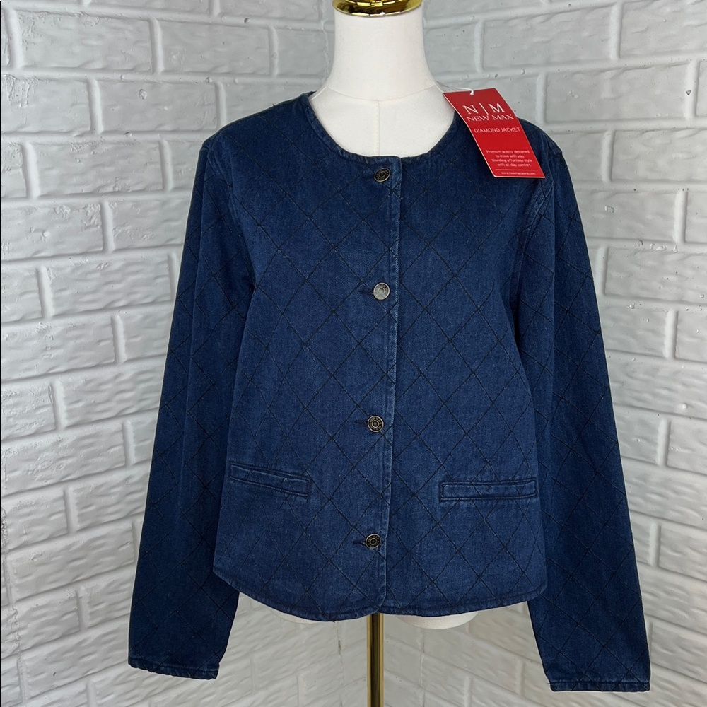 NEW MAX USA DENIM DIAMOND JEAN JACKET BUTTON UP DARK WASH SZ LG NWT